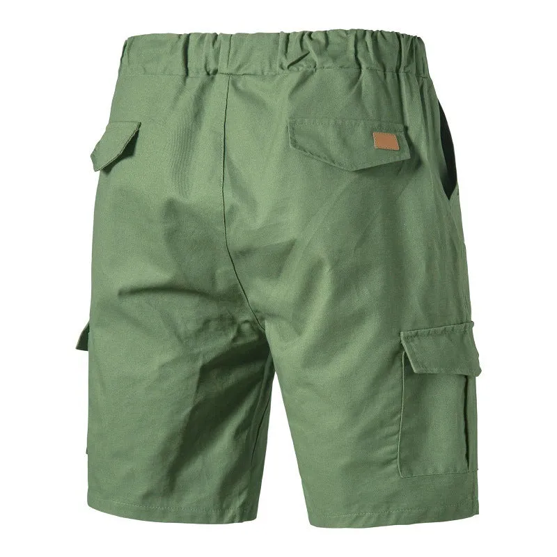 Casual cotton blend multi-pocket men's shorts in Army Green, front view, sizes S-3XL