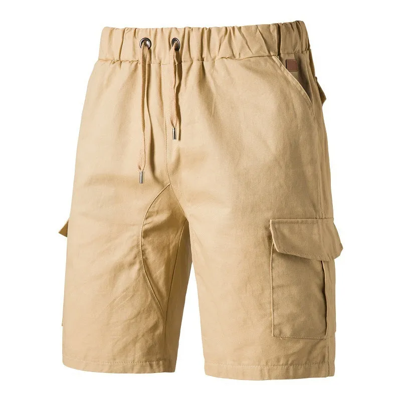 Casual cotton blend multi-pocket men's shorts in Army Green, front view, sizes S-3XL