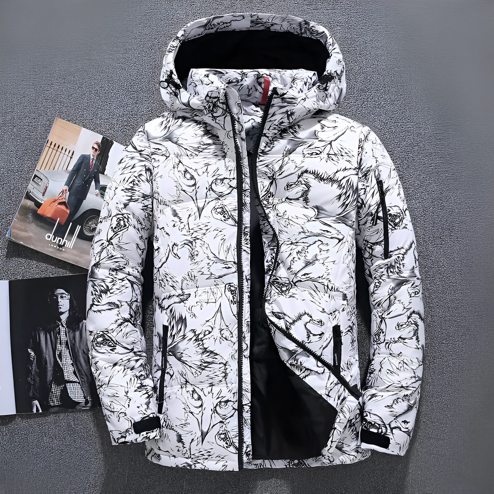 Men's thickened down jacket in black, white duck down filling, loose fit, lapel collar, zipper front