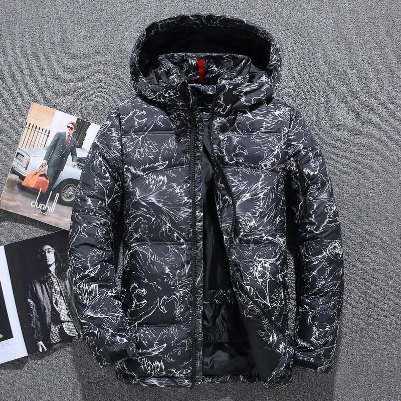 Men's thickened down jacket in black, white duck down filling, loose fit, lapel collar, zipper front
