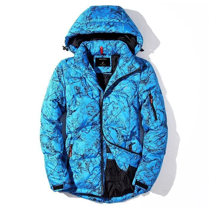Men's thickened down jacket in black, white duck down filling, loose fit, lapel collar, zipper front