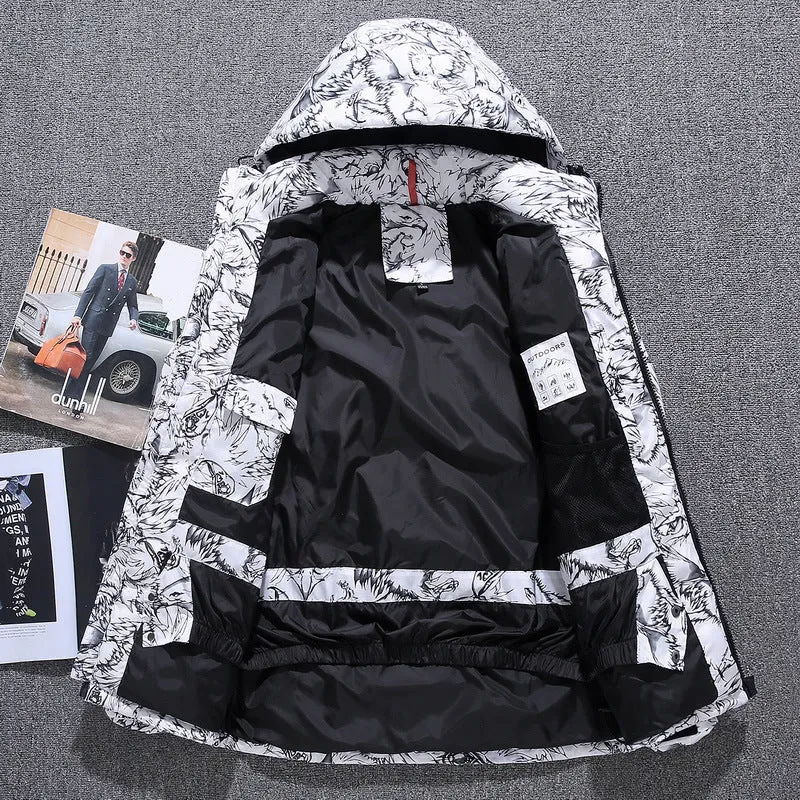 Men's thickened down jacket in black, white duck down filling, loose fit, lapel collar, zipper front