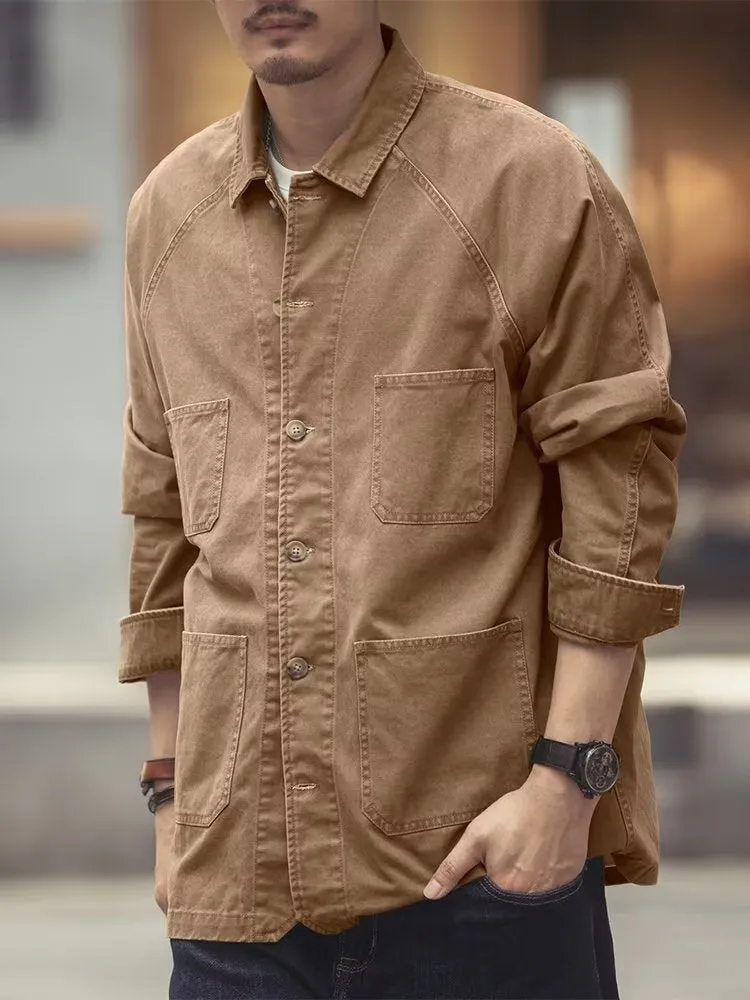 Men's khaki cotton blend denim jacket with loose fit and multiple pockets on a plain background