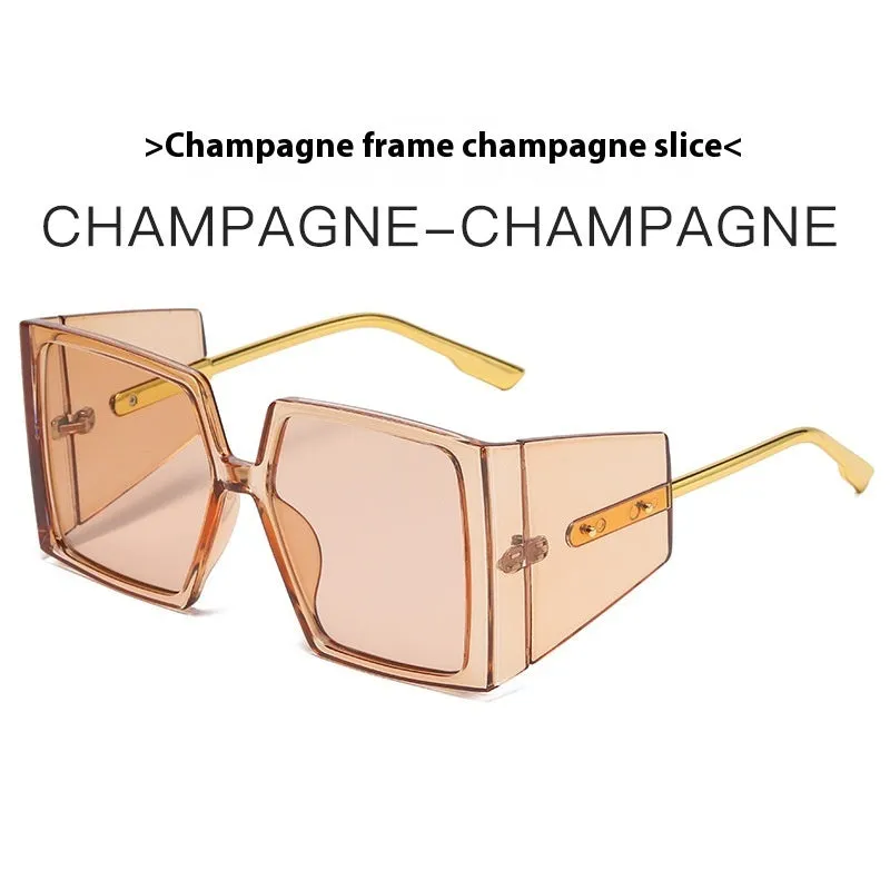 Large square frame sunglasses with UV400 lenses in seven colour options on a wooden surface.