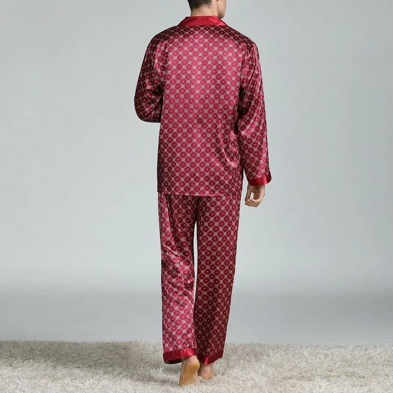 Men's printed long-sleeved pajama suit in imitation silk polyester fiber, cardigan style with V-neck lapel collar and matching trousers