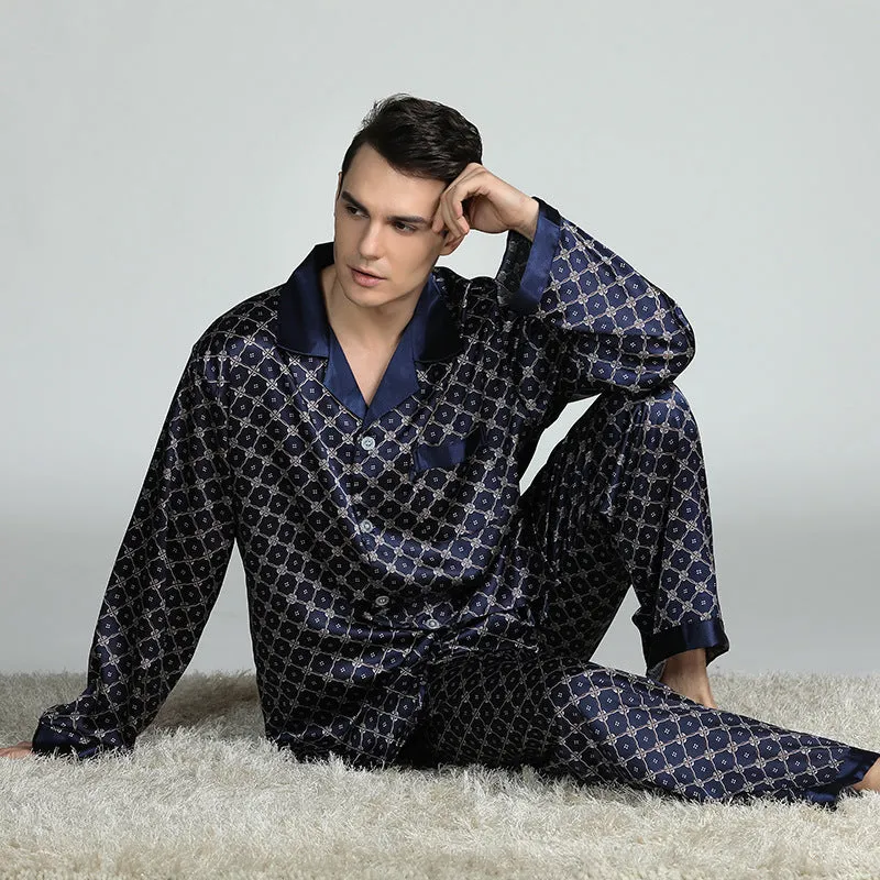 Men's printed long-sleeved pajama suit in imitation silk polyester fiber, cardigan style with V-neck lapel collar and matching trousers