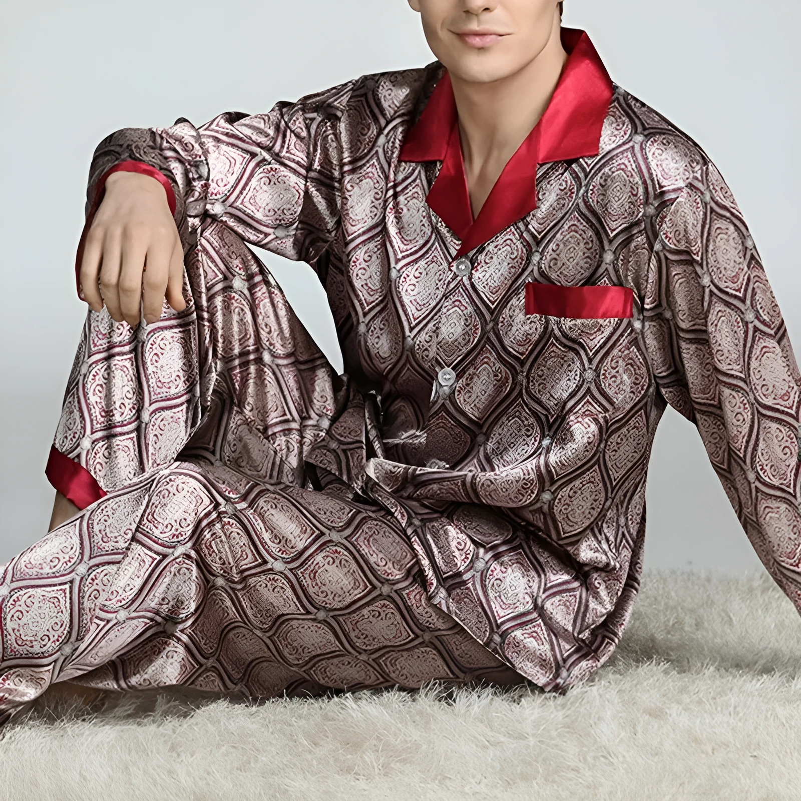 Men's printed long-sleeved pajama suit in imitation silk polyester fiber, cardigan style with V-neck lapel collar and matching trousers