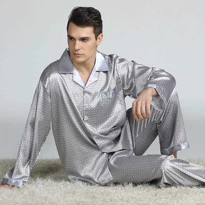 Men's printed long-sleeved pajama suit in imitation silk polyester fiber, cardigan style with V-neck lapel collar and matching trousers