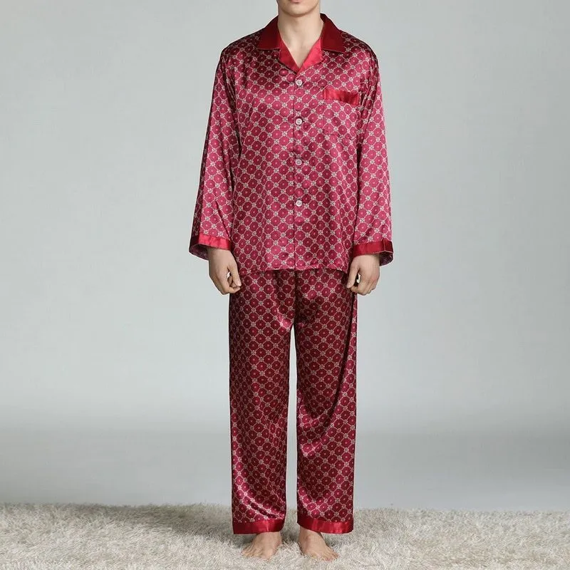 Men's printed long-sleeved pajama suit in imitation silk polyester fiber, cardigan style with V-neck lapel collar and matching trousers