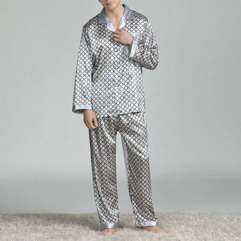 Men's printed long-sleeved pajama suit in imitation silk polyester fiber, cardigan style with V-neck lapel collar and matching trousers