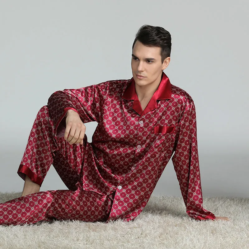Men's printed long-sleeved pajama suit in imitation silk polyester fiber, cardigan style with V-neck lapel collar and matching trousers