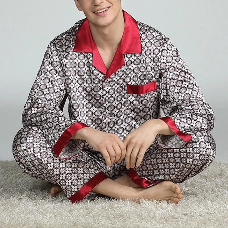 Men's printed long-sleeved pajama suit in imitation silk polyester fiber, cardigan style with V-neck lapel collar and matching trousers