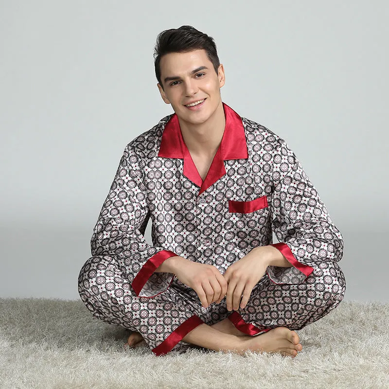 Men's printed long-sleeved pajama suit in imitation silk polyester fiber, cardigan style with V-neck lapel collar and matching trousers