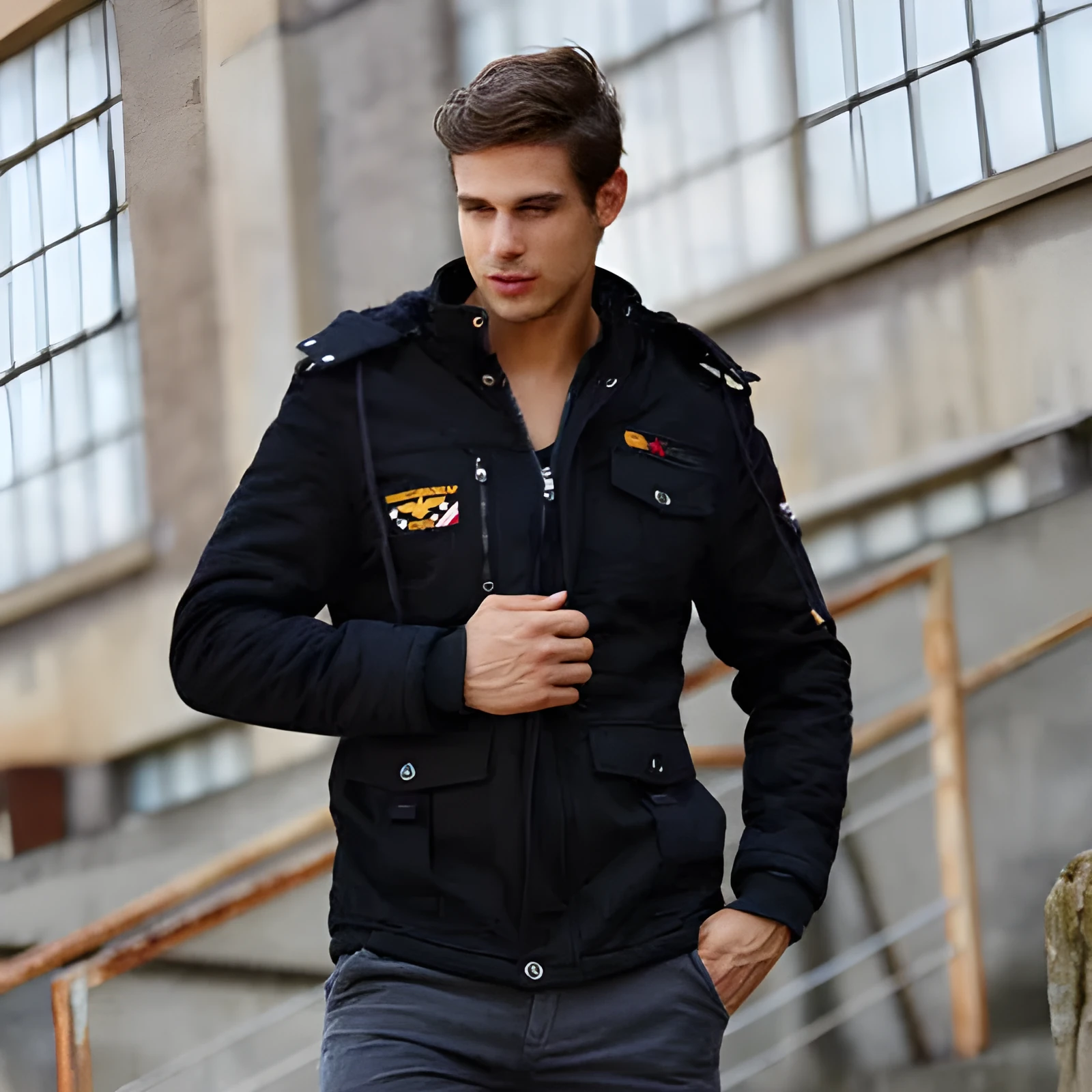 Casual men's cotton hooded jacket in khaki – thick zip-up winter style for youth leisure