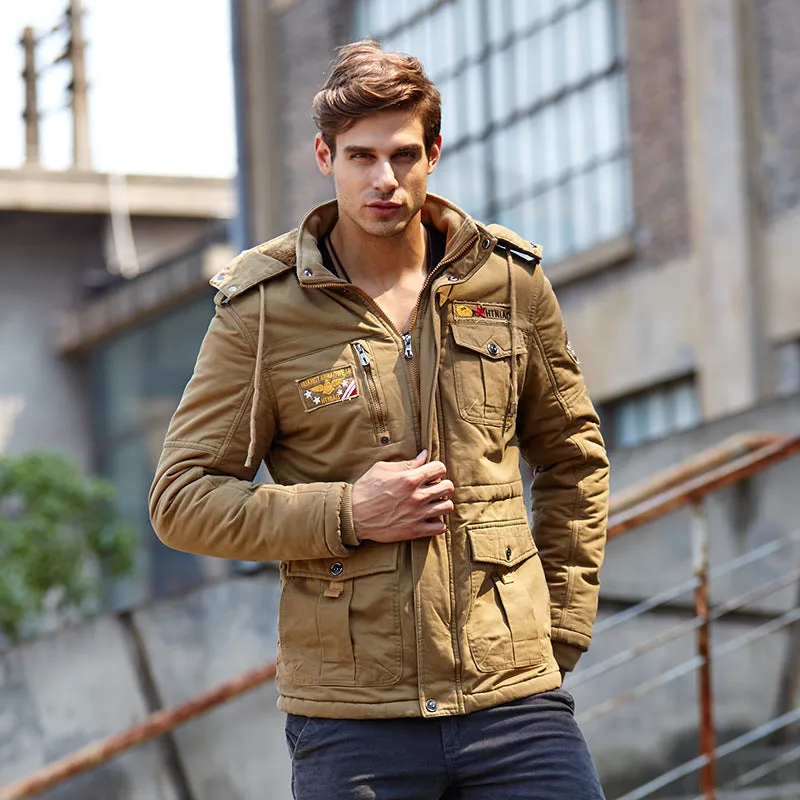 Casual men's cotton hooded jacket in khaki – thick zip-up winter style for youth leisure