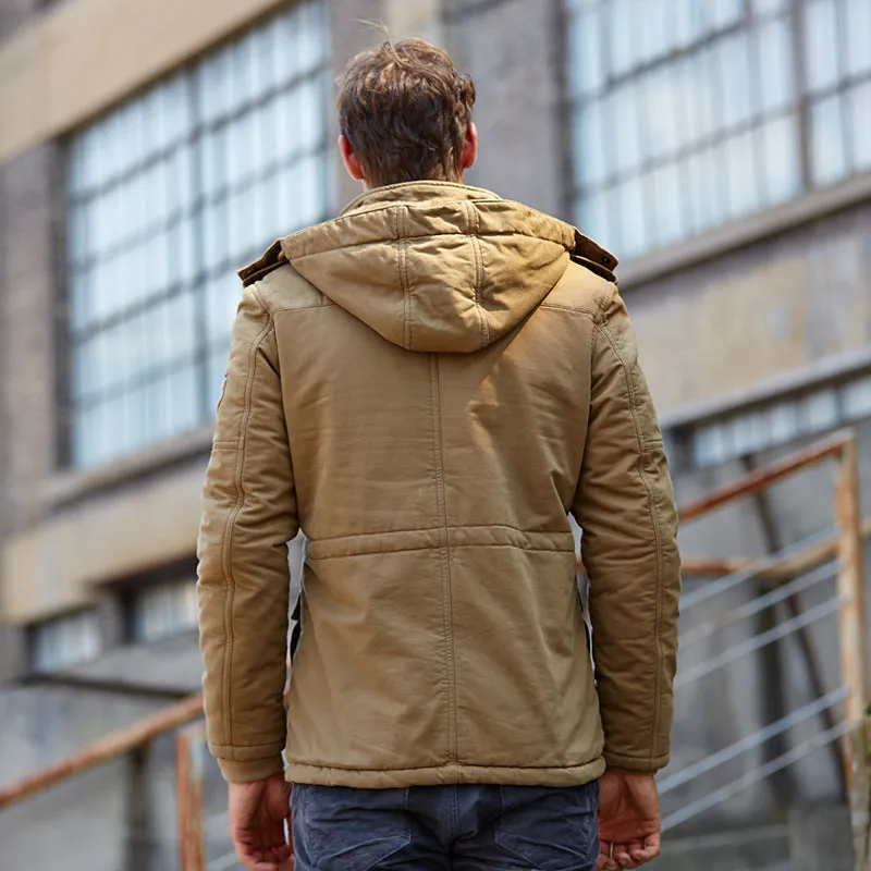 Casual men's cotton hooded jacket in khaki – thick zip-up winter style for youth leisure