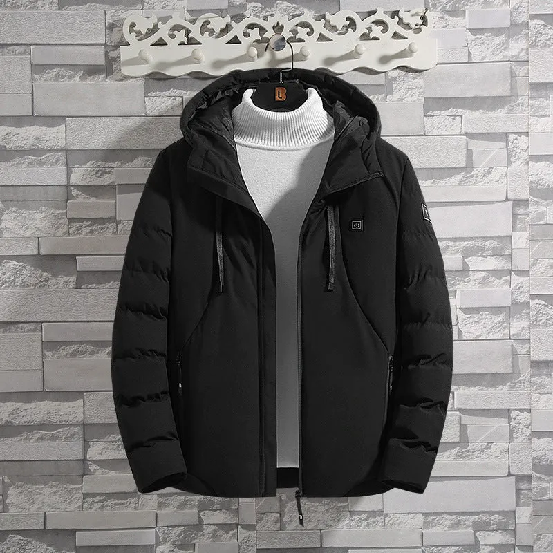 11-zone USB carbon fibre heating jacket in military green with dual-control panel, cotton leisure style, front view