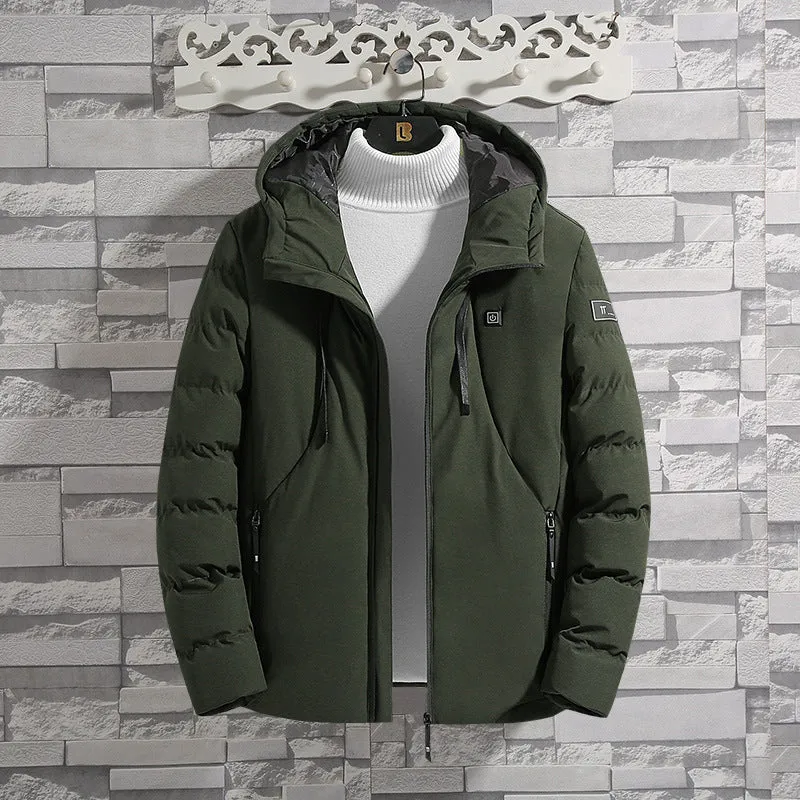 11-zone USB carbon fibre heating jacket in military green with dual-control panel, cotton leisure style, front view