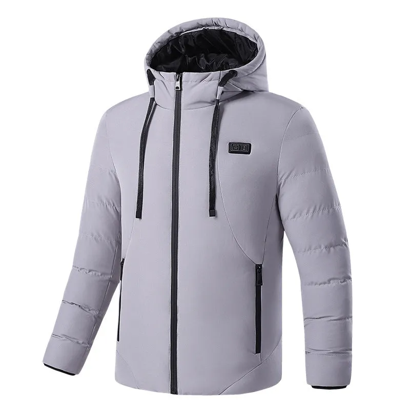 11-zone USB carbon fibre heating jacket in military green with dual-control panel, cotton leisure style, front view