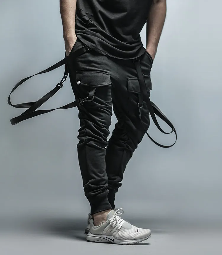 Black fashion fitness men's tapered pencil pants with belt size M to XXL