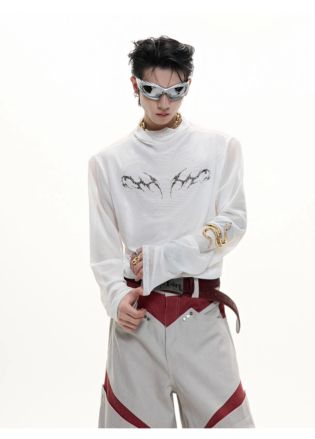 Black mesh slim-fit long sleeve bottoming shirt on a hanger, showing its lightweight texture and close cut.