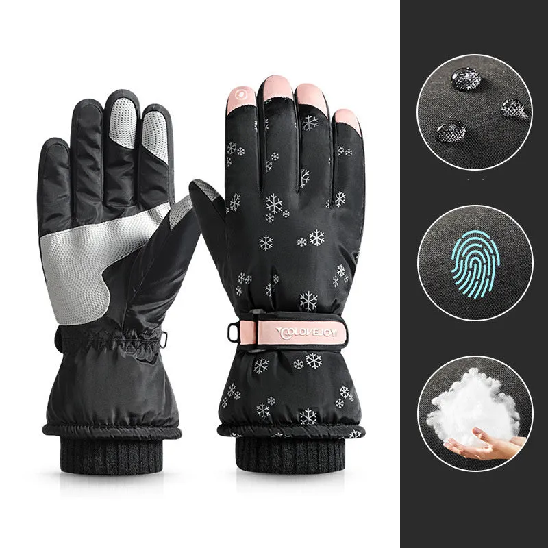Snowflake cartoon print winter gloves, touchscreen and waterproof, one size, nylon with anti-skid palm