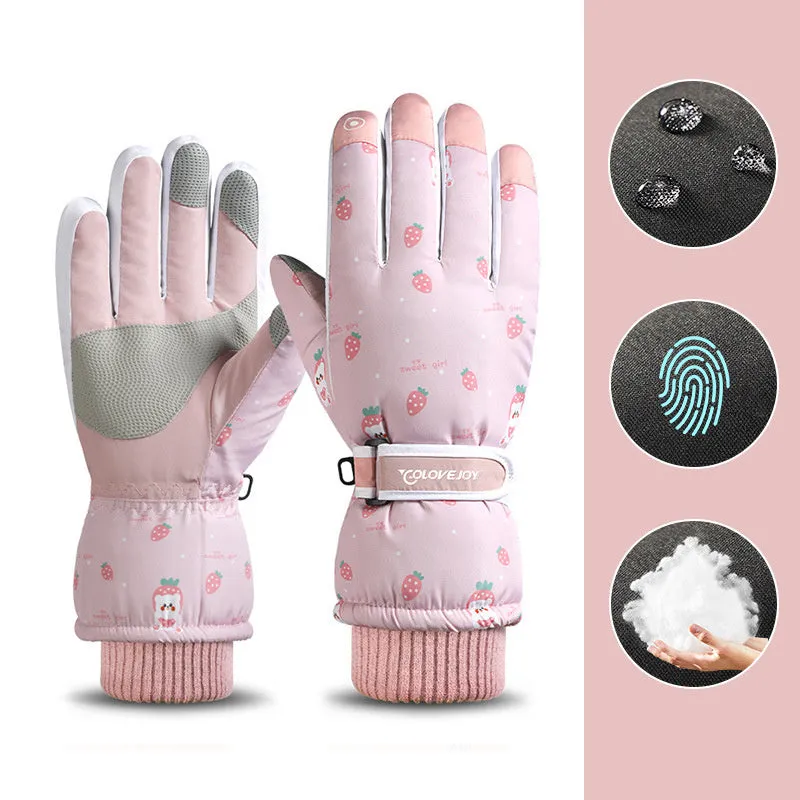Snowflake cartoon print winter gloves, touchscreen and waterproof, one size, nylon with anti-skid palm