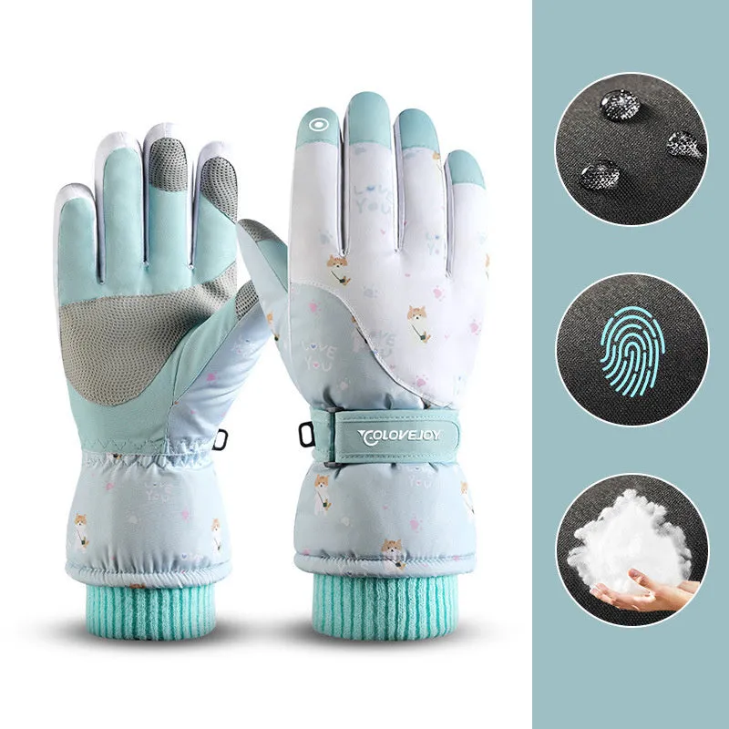 Snowflake cartoon print winter gloves, touchscreen and waterproof, one size, nylon with anti-skid palm