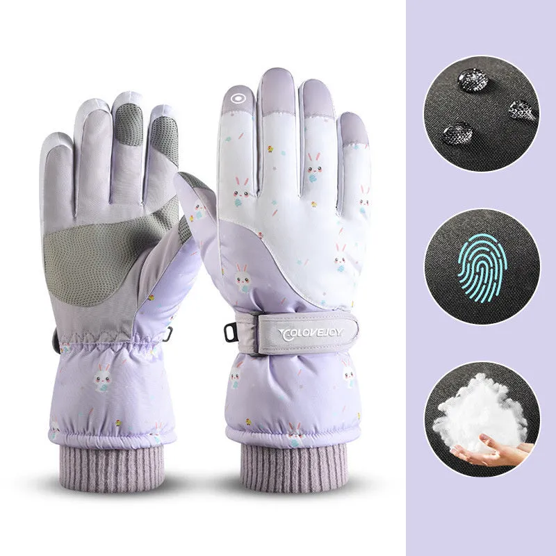 Snowflake cartoon print winter gloves, touchscreen and waterproof, one size, nylon with anti-skid palm
