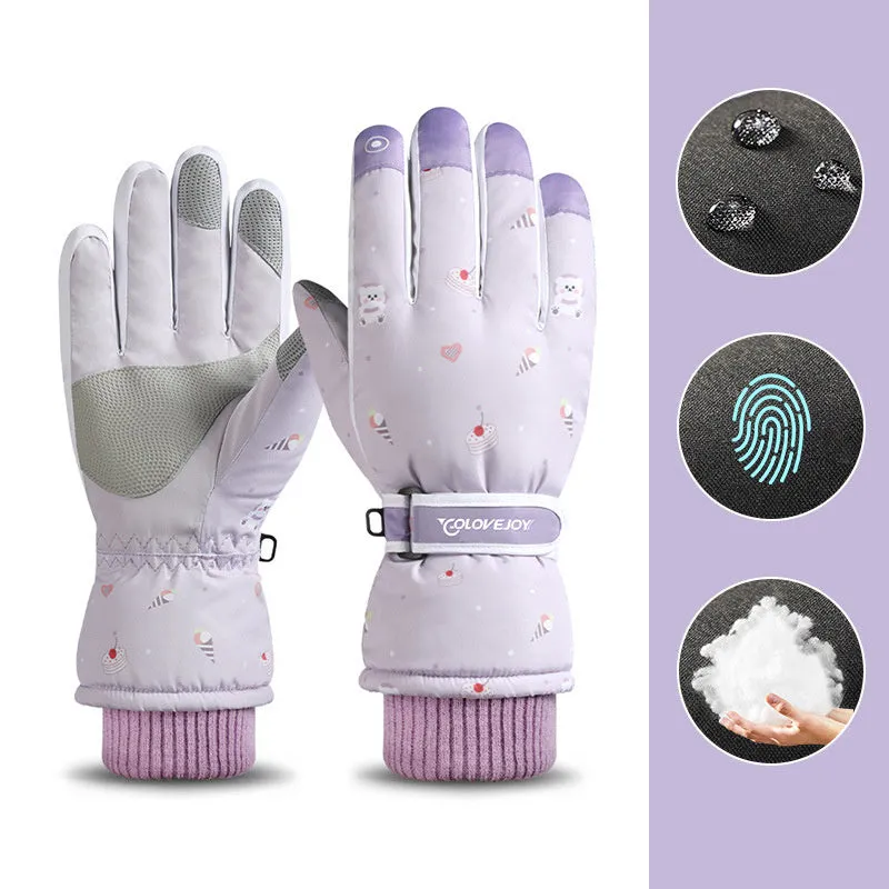 Snowflake cartoon print winter gloves, touchscreen and waterproof, one size, nylon with anti-skid palm