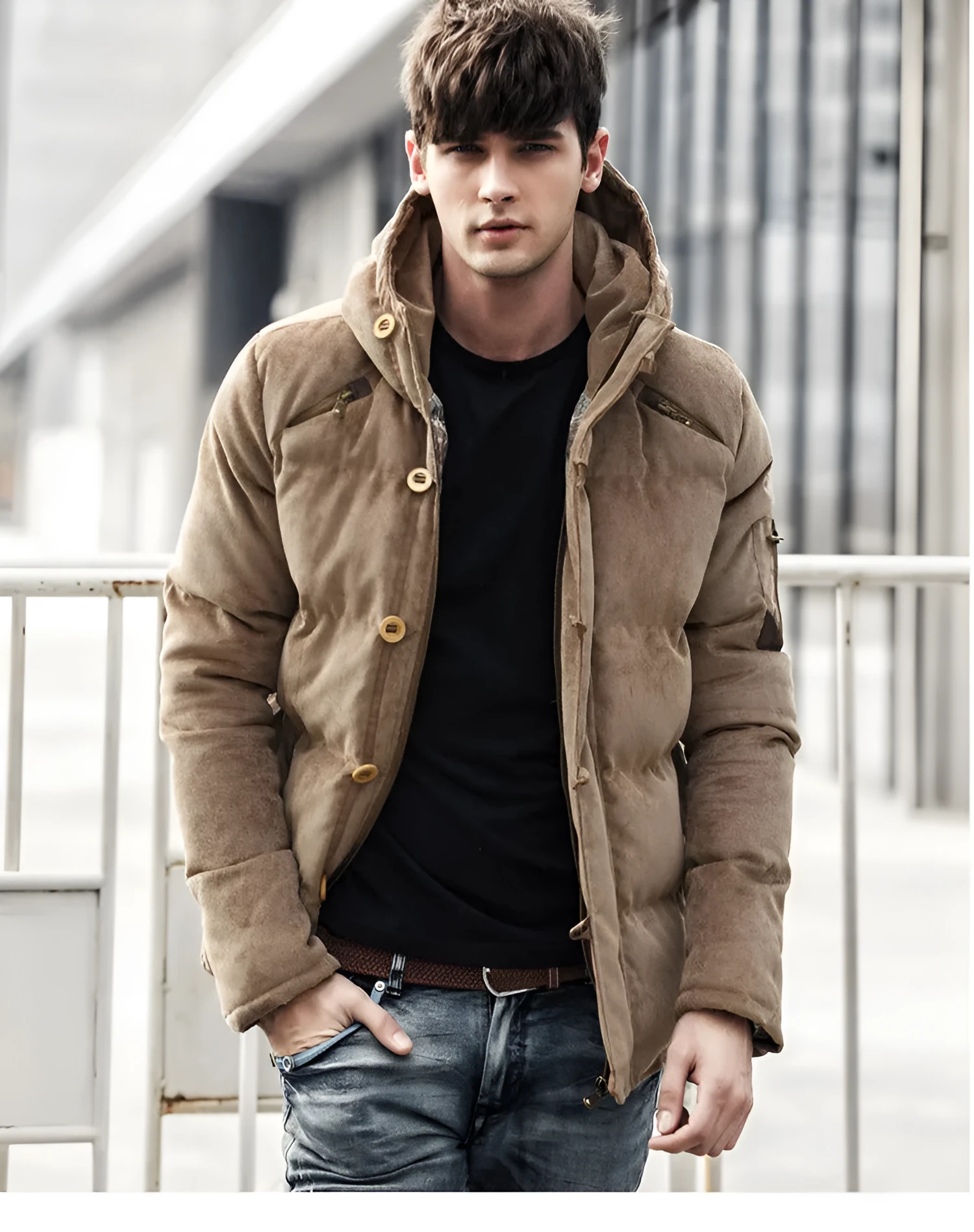 Men's hooded padded corduroy winter coat in khaki, zip front, side pockets, outdoor setting