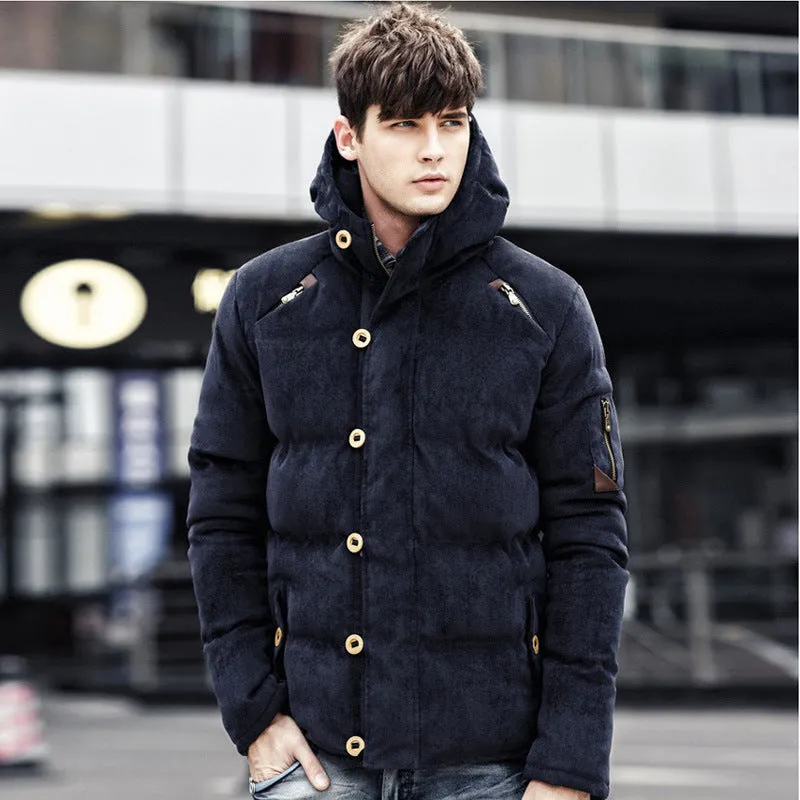 Men's hooded padded corduroy winter coat in khaki, zip front, side pockets, outdoor setting