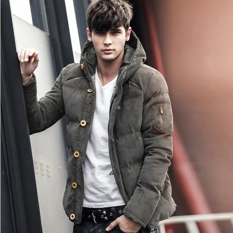 Men's hooded padded corduroy winter coat in khaki, zip front, side pockets, outdoor setting