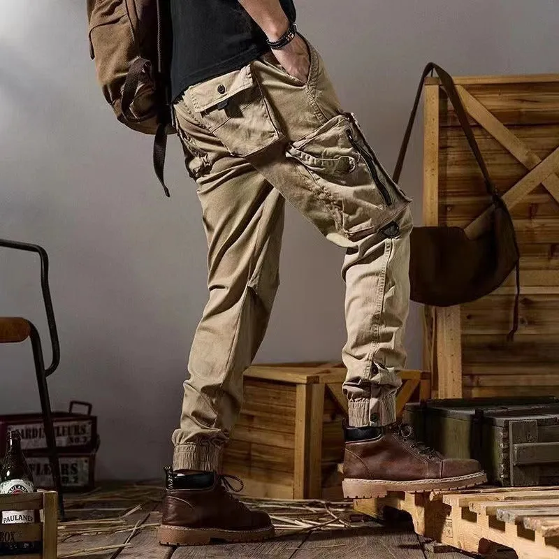 Men's straight leg American workwear trousers in solid colour, cotton blend fabric, with drawstring fly, summer casual style