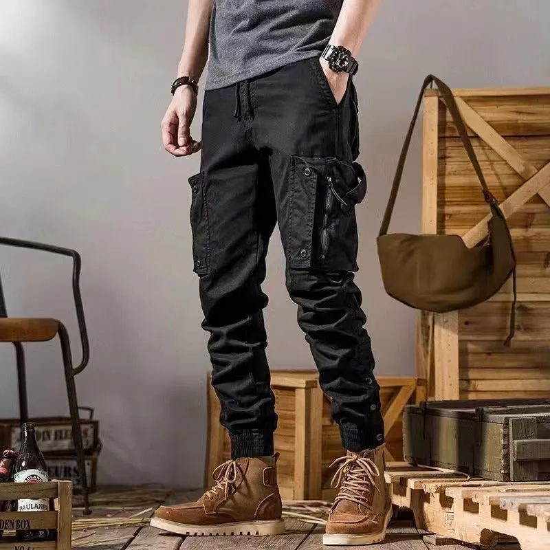 Men's straight leg American workwear trousers in solid colour, cotton blend fabric, with drawstring fly, summer casual style