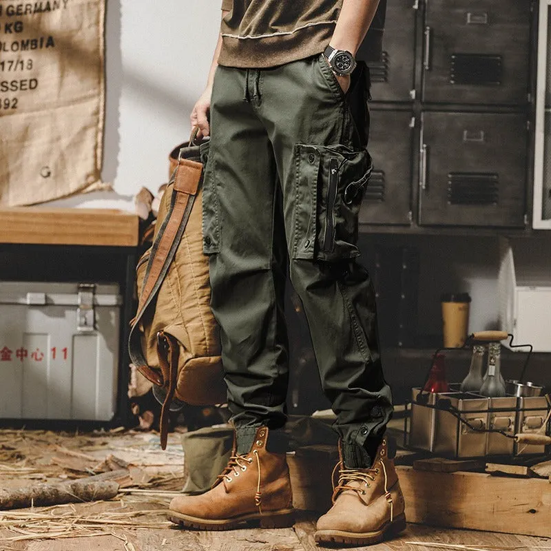 Men's straight leg American workwear trousers in solid colour, cotton blend fabric, with drawstring fly, summer casual style