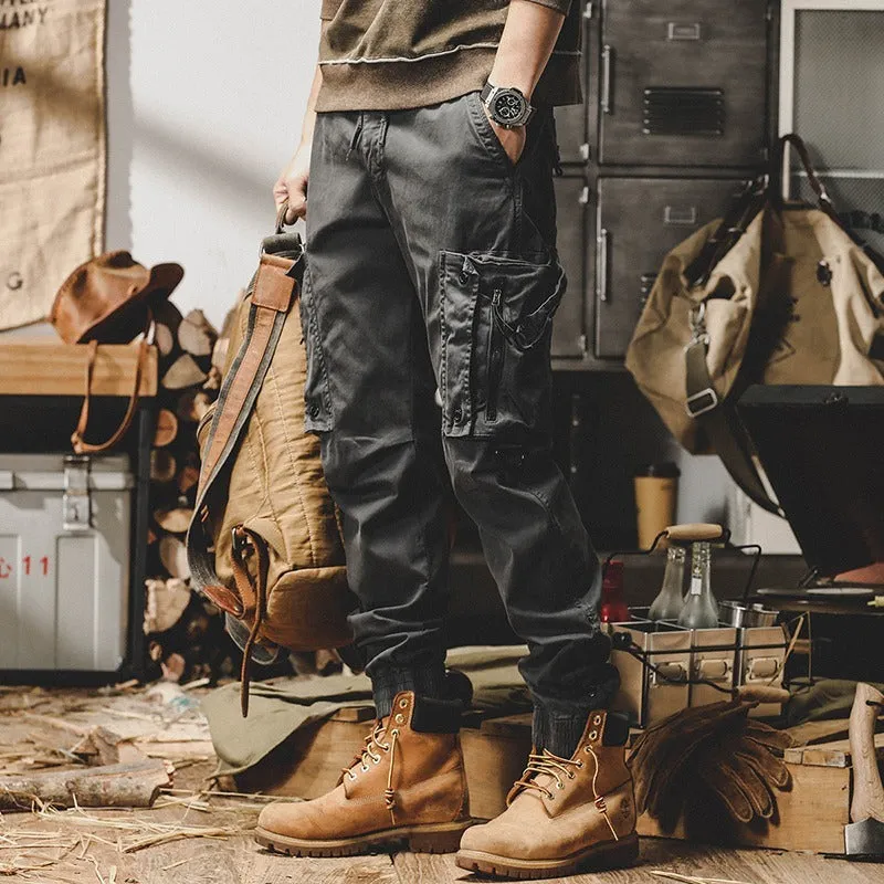 Men's straight leg American workwear trousers in solid colour, cotton blend fabric, with drawstring fly, summer casual style
