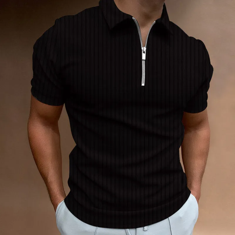 Men's striped zipper short sleeve t-shirt in cotton blend, tight fit, available in multiple colours, summer leisure wear