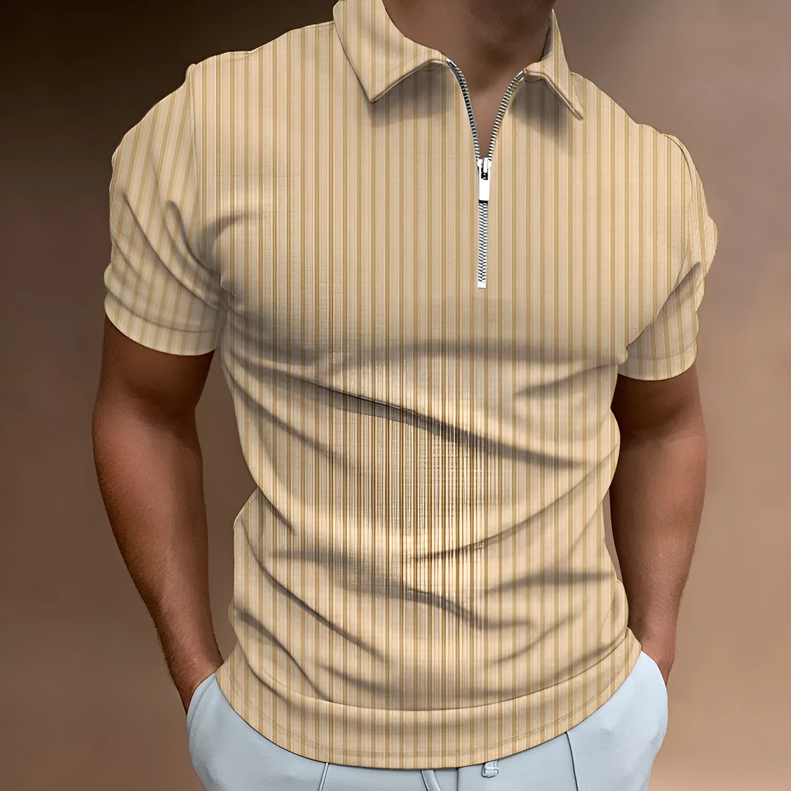 Men's striped zipper short sleeve t-shirt in cotton blend, tight fit, available in multiple colours, summer leisure wear