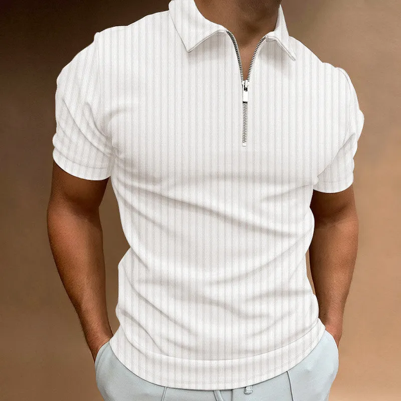 Men's striped zipper short sleeve t-shirt in cotton blend, tight fit, available in multiple colours, summer leisure wear