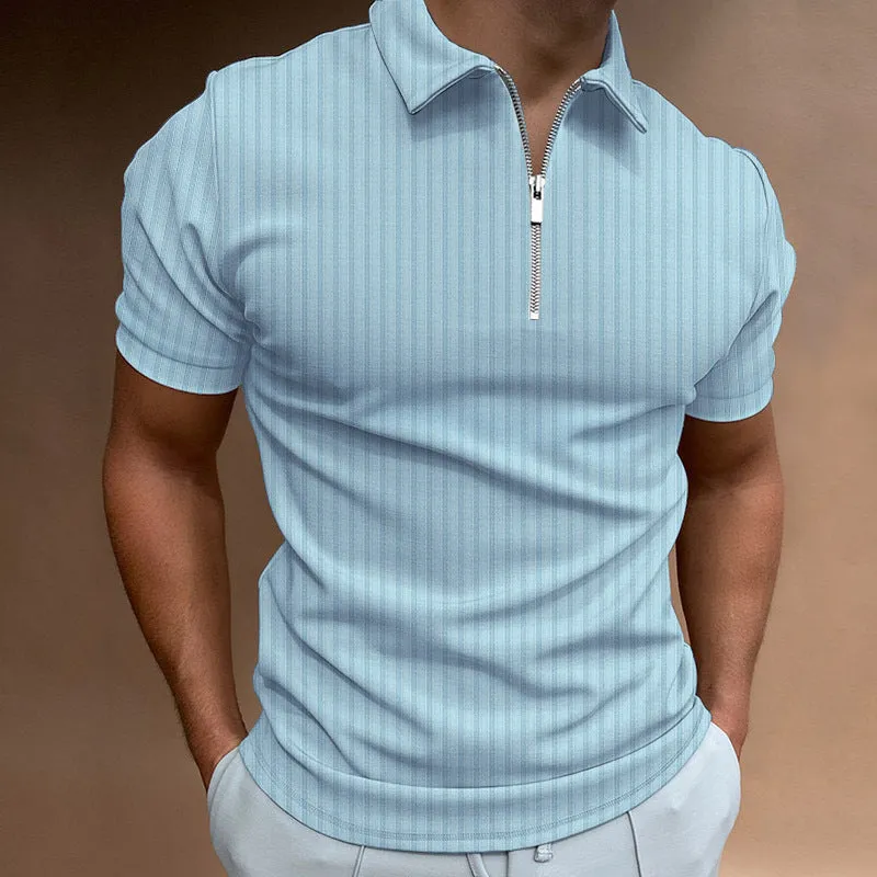 Men's striped zipper short sleeve t-shirt in cotton blend, tight fit, available in multiple colours, summer leisure wear