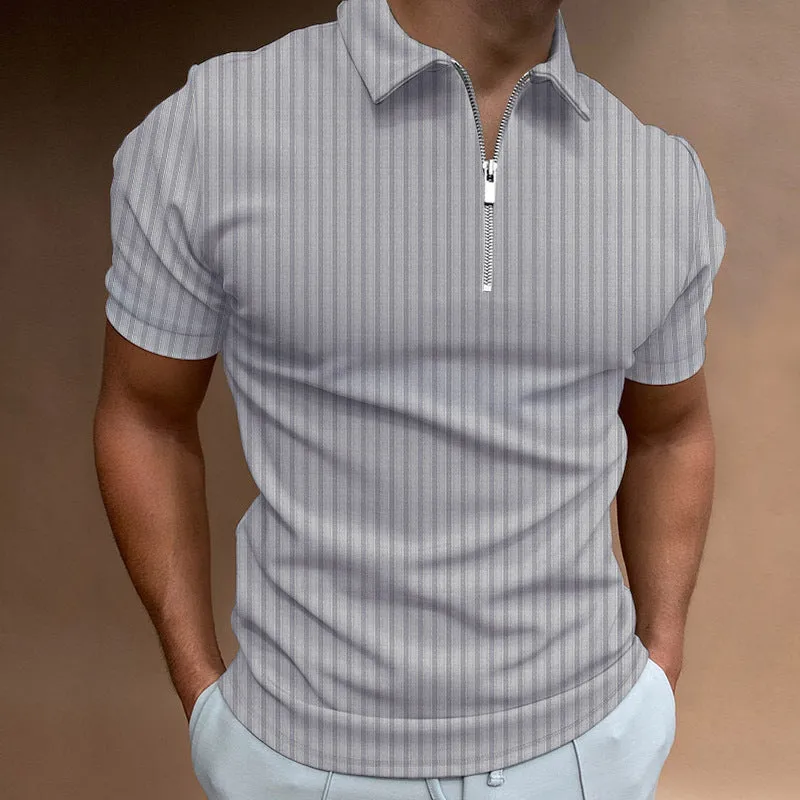 Men's striped zipper short sleeve t-shirt in cotton blend, tight fit, available in multiple colours, summer leisure wear