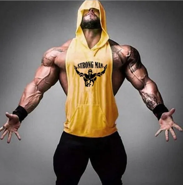 Men's hooded fitness vest in 90% cotton, available in multiple colours, front view