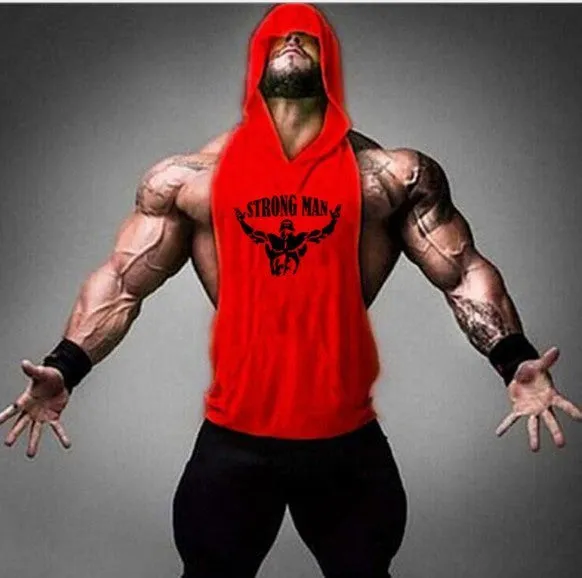 Men's hooded fitness vest in 90% cotton, available in multiple colours, front view