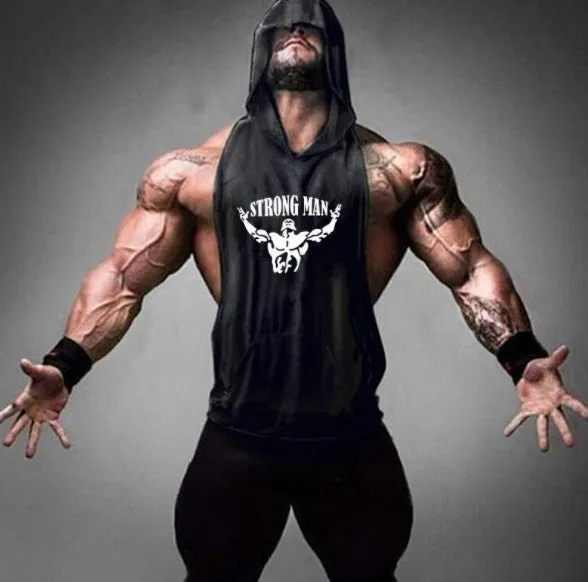 Men's hooded fitness vest in 90% cotton, available in multiple colours, front view