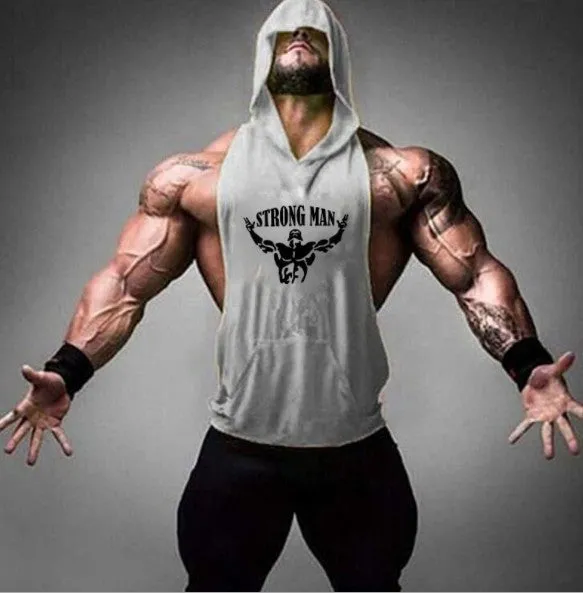 Men's hooded fitness vest in 90% cotton, available in multiple colours, front view