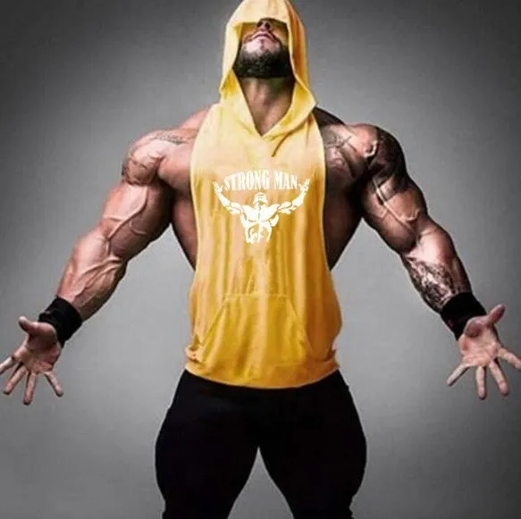 Men's hooded fitness vest in 90% cotton, available in multiple colours, front view