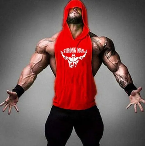 Men's hooded fitness vest in 90% cotton, available in multiple colours, front view