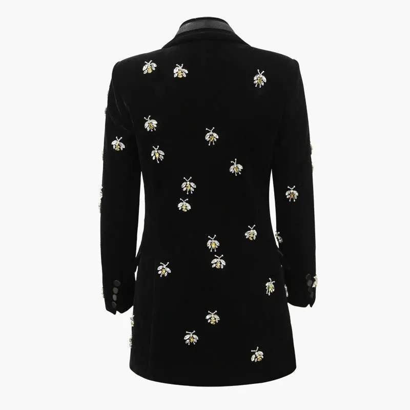 Black velvet blazer with animal print pattern, cashmere blend, slim fit, suit collar, long sleeves