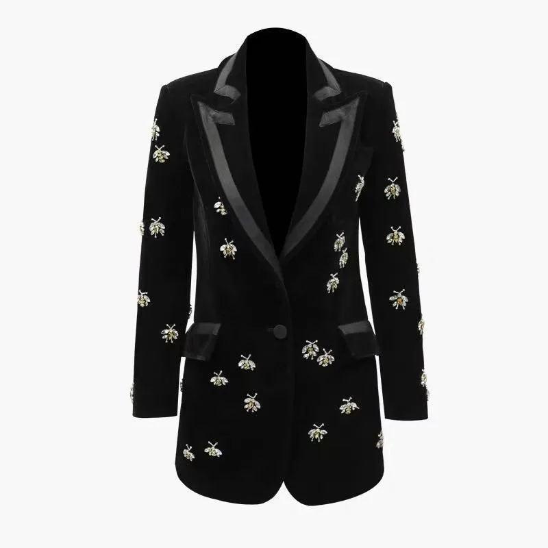 Black velvet blazer with animal print pattern, cashmere blend, slim fit, suit collar, long sleeves